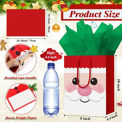 Miniatura 3 de Cholemy 16 piezas de bolsas de regalo de Navidad medianas gruesas con papel de seda, bolsas de papel kraft de Navidad con asas para envolver regalos