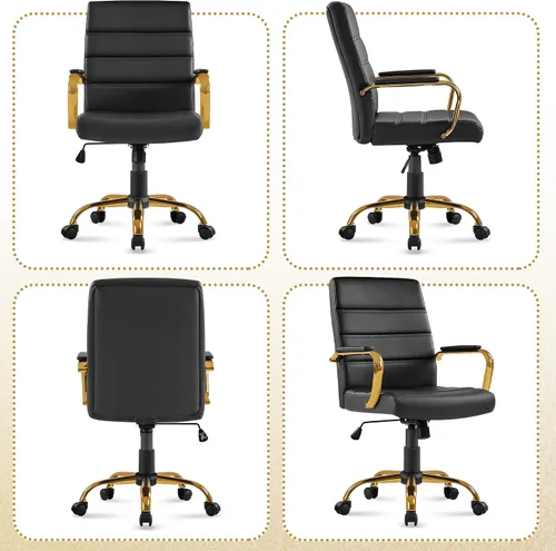 Miniatura 9 de Topeakmart Silla de escritorio de oficina Silla ejecutiva de cuero sintético ajustable con marco dorado asiento negro Negro y dorado