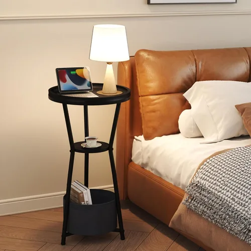 Miniatura 8 de Yusong Mesa auxiliar redonda, mesa pequeña para bebidas para espacios pequeños, mesa auxiliar industrial de 3 niveles, mesita de noche decorativa