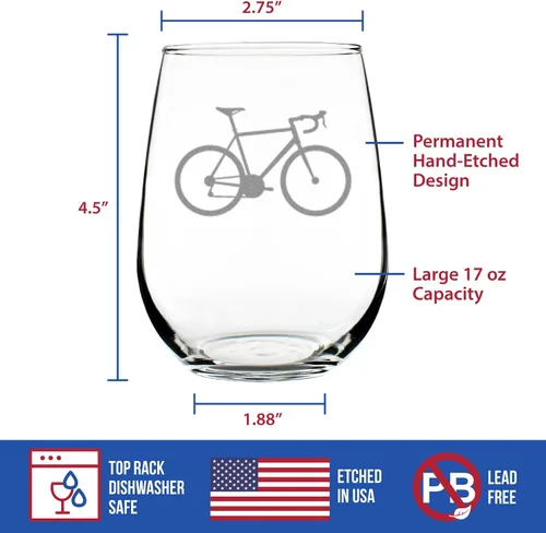 Miniatura 4 de Custom Bicycle Personalized Stemless Wine Glass - Unique Road Biking Themed Decor and Gifts for Cyclists - Large 17 Oz Glasses - Customized Wine
