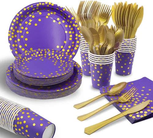 Miniatura 7 de AIRE 175 piezas Vajilla de papel negra y dorada para 25 invitados, suministros desechables para fiestas, vajilla con puntos dorados en platos 175
