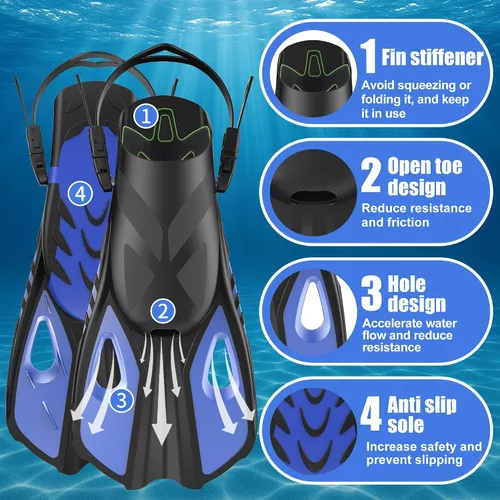 Miniatura 2 de Aletas de esnórquel, aletas de natación, tamaño de viaje, cortas, ajustables, para esnórquel, buceo, adultos, hombres y mujeres, aletas de natación