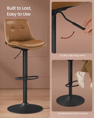 Miniatura 8 de VASAGLE Taburetes de bar, juego de 2 sillas de bar giratorias, altura ajustable, acolchado, taburetes de cocina de cuero sintético con respaldo