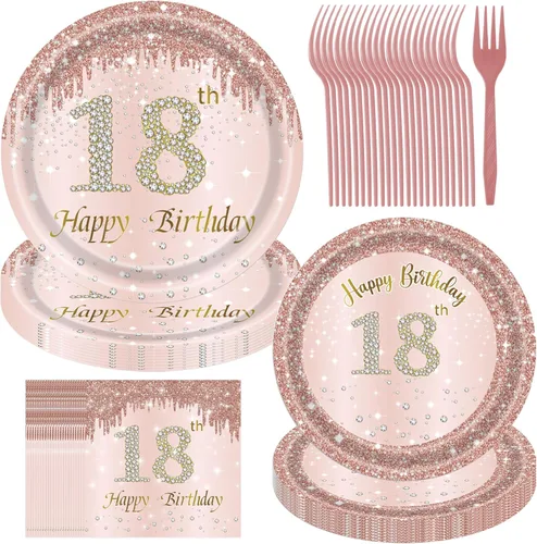 Decoraciones de cumpleaños número 18 para niñas, platos y servilletas de oro rosa, suministros de fiesta de papel rosa para mujeres, juego de 96