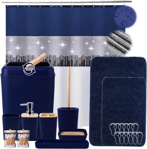 Miniatura 32 de Juego de accesorios de baño rosa con cortina de ducha y alfombras con purpurina, juegos de baño con alfombras de baño extrasuaves y absorbentes