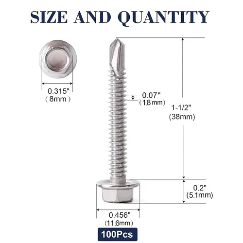 Miniatura 2 de Tornillos de chapa de metal de 1-1/2 pulgadas, 100 tornillos hexagonales de acero inoxidable 410, tornillos autorroscantes rápidos SG TZH