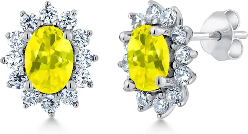 Miniatura 85 de Gem Stone King Aretes ovalados de plata de ley 925 de 0.276 x 0.197 in con piedra natal de la princesa Diana, estilo halo real para mujeres