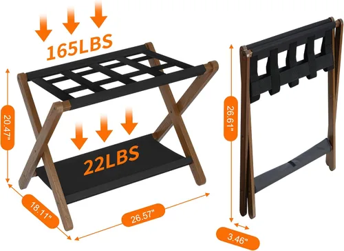 Miniatura 4 de Heybly Portaequipajes, soporte plegable para maleta con estante de almacenamiento, soporte de equipaje con 5 correas de nailon para habitación