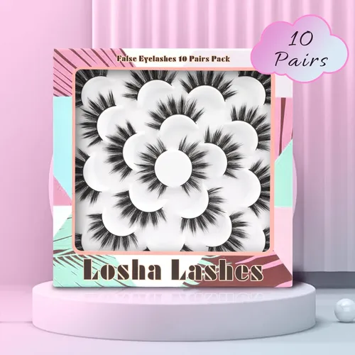Miniatura 6 de Losha Pestañas postizas, paquete de 10 pares, pestañas postizas de visón sintético, hechas a mano, dramáticas, largas, gruesas, suaves