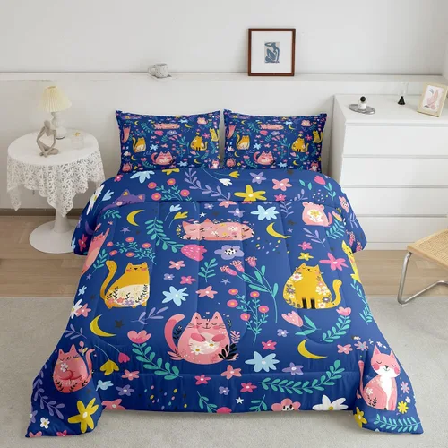 Miniatura 12 de Feelyou Juego de edredón para niños, diseño de gatos de dibujos animados, tamaño twin, lindo juego de ropa de cama de gatitos para adolescentes