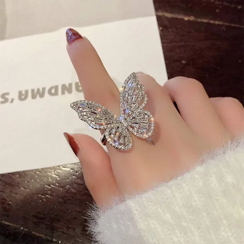 Aimimier - Anillo de mariposa con circonita cúbica, anillo de nudillos de cristal brillante, joyería de boda para mujeres y niñas (plateado),