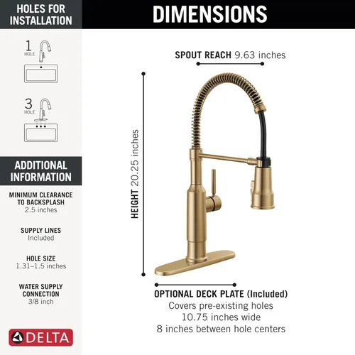 Miniatura 4 de DELTA - Grifo de cocina comercial Theodora Pro Style con rociador extraíble, grifo de fregadero de cocina de una sola perforación dorado cepillado
