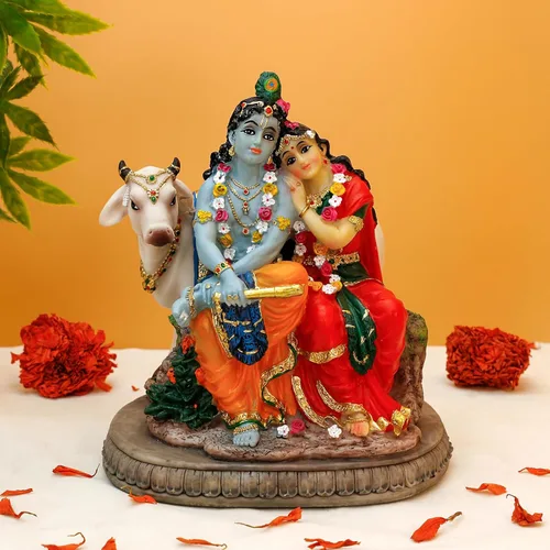 BangBangDa Estatua hindú Murti Radha Krishna – 6.6 pulgadas de alto Polystone Dios indio Radha Krishna ídolo con vaca para cumpleaños, Diwali
