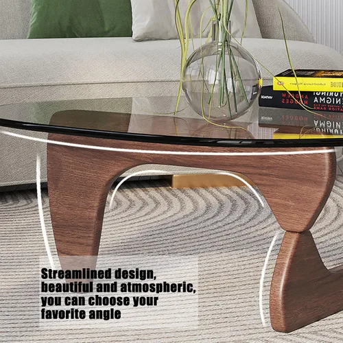 Miniatura 5 de Mesa de café triangular en nogal con base sólida de madera moderna de mediados de siglo y mesa de café de vidrio transparente triangular para sala