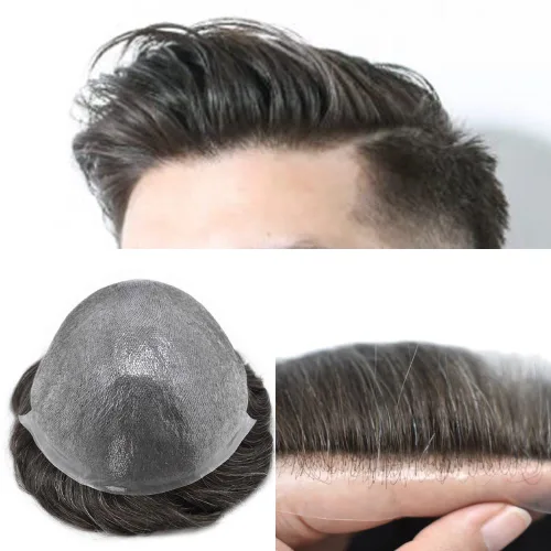 Miniatura 82 de Tupé para hombre, extensiones de cabello humano Remy para hombre, piel fina, 0.002 in, sistema de reemplazo de cabello con bucle en V para hombres
