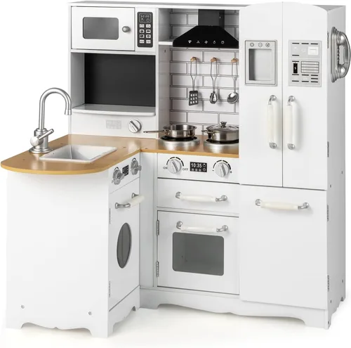 Costzon Juego de Cocina de Esquina para Niños, Juego de Cocina de Madera de Juguete 11 en 1 con Lavadora Realista, Microondas, Horno, Estufa,