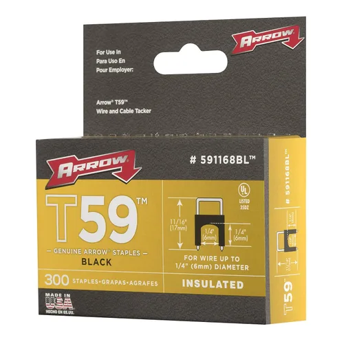 Miniatura 3 de Arrow 591168 - Grapas aisladas de acero T59 genuino de 1/4 pulgadas por 1/4 de ancho de corona para cable y cableado, negro, 300