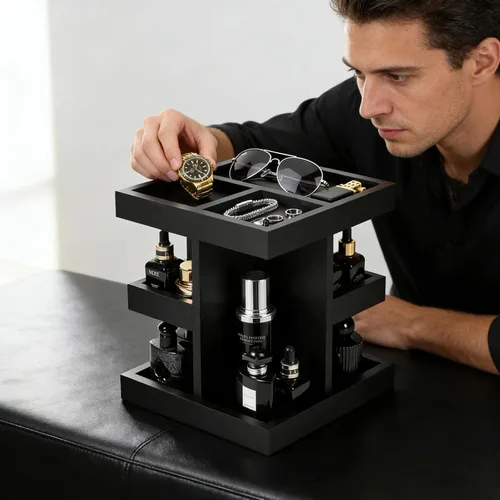 Miniatura 8 de Organizador de colonia para hombres, estante de perfume de madera de gran capacidad de 3 niveles con rotación de 360 grados, soporte de colonia