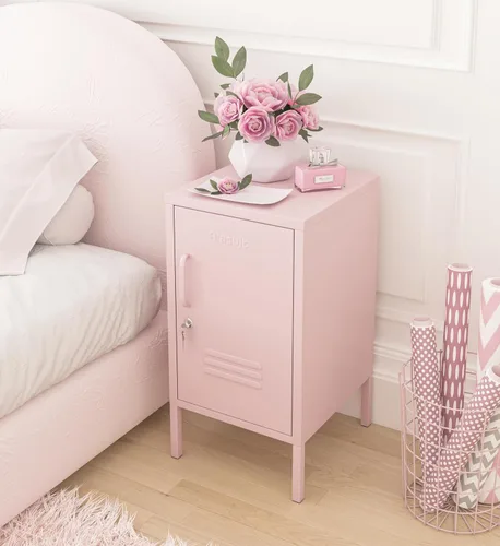Miniatura 4 de Mesa auxiliar de una sola puerta, armario de almacenamiento de metal con cerradura, mesita de noche para niños de 2 niveles con estante ajustable