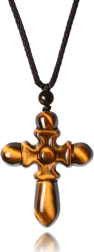 QIANXU Collares de cruz de cristal de ojo de tigre para mujeres y hombres, amuleto de protección de Jesús, collar con colgante de joyería curativa