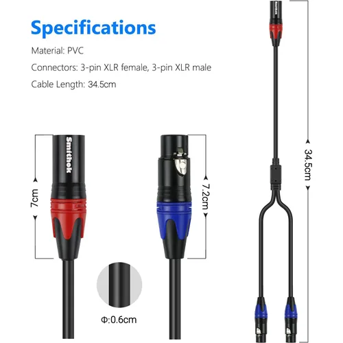 Miniatura 3 de Smithok Cable de micrófono divisor XLR Y de 1 macho a 2 hembras, 3 pines XLR 2 hembra a 1 macho, cable combinador Y cable de audio equilibrado