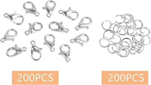 Miniatura 4 de 400 piezas de cierres de garra de langosta con kit de anillos de salto abiertos, cierres plateados para pulseras y collares, ganchos para hacer