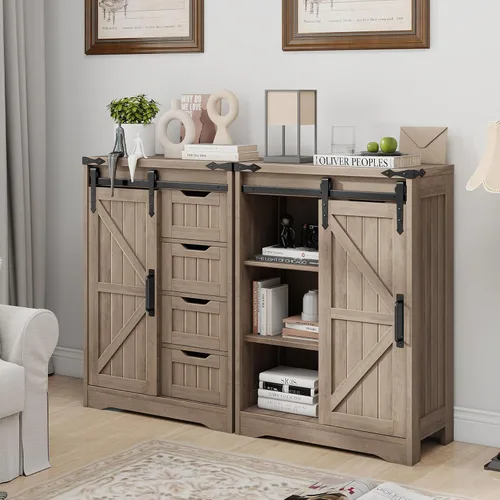 Miniatura 6 de Halitaa Armario de almacenamiento para baño de granja, armario de piso con 4 cajones, armario de baño con puerta corredera, organizador de Gris