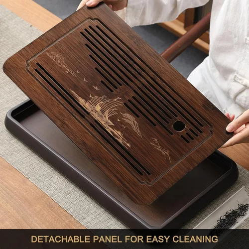 Miniatura 3 de Ufine Bandeja de té de gongfu de bambú de 15 pulgadas con drenaje de almacenamiento de agua Bandeja de servir de té chino Kung Fu Bandeja de mesa