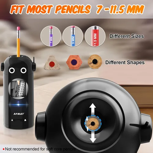 Miniatura 3 de AFMAT - Sacapuntas eléctrico para lápices de colores 7-11.5mm, sacapuntas robot totalmente automático, entrada y salida automática, recargable sin
