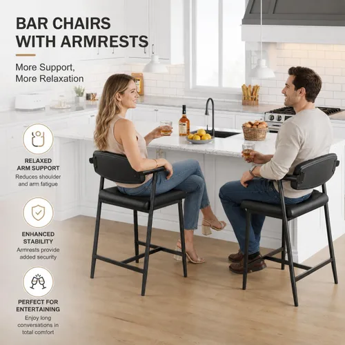 Miniatura 3 de IDEALHOUSE Juego de 2 taburetes de bar de altura de mostrador con brazos, taburetes de bar tapizados de 26 pulgadas con respaldo, asiento más ancho