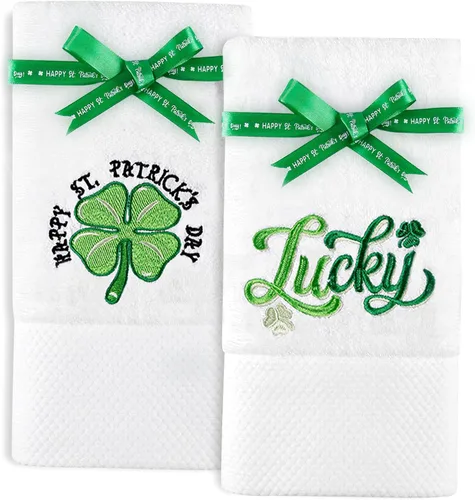 Quera Paquete de 2 toallas de mano para el día de San Patricio, trébol de la suerte, 100% algodón, bordadas, decoración de lujo, juego de toallas