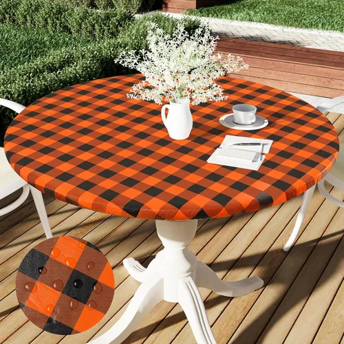 Miniatura 35 de Smiry - Mantel redondo de picnic de vinilo elástico impermeable con respaldo de franela, mantel de vinilo ajustable para mesas de 31-35 pulgadas