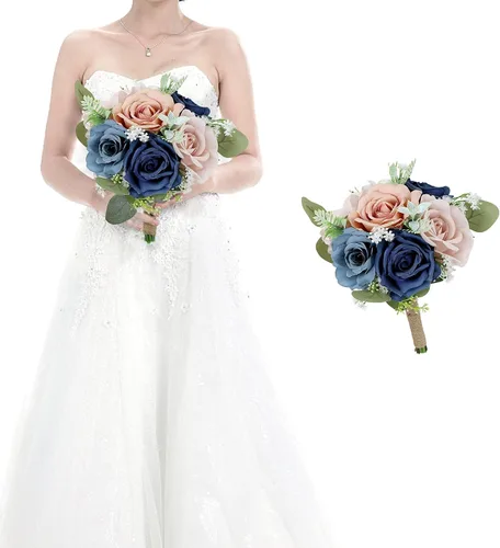 Miniatura 27 de Juego de 4 ramos para dama de honor para boda - Ramos de flores artificiales de 7 pulgadas para decoración de centros de mesa de ceremonia y Azul