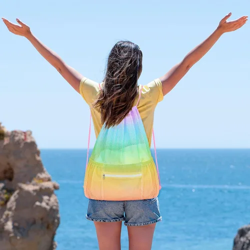 Miniatura 2 de Mochila de malla con cordón, bolsa de gimnasio deportiva grande para mujeres y niños con bolsillo y cremallera para playa, yoga, fútbol, fútbol, Con