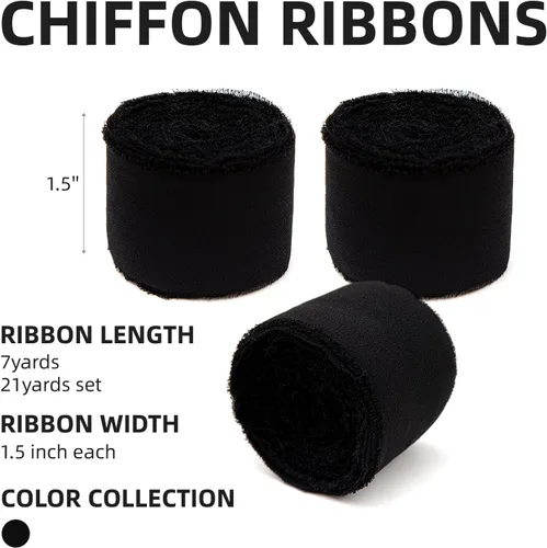 Miniatura 2 de KEOSREE 3 Rollos de Cinta de Gasa Negra Hecha a Mano, 1.5" x 21 Yardas Cintas de Seda con Flecos Deshilachados (3 Rollos *7 Yardas) para Envolver