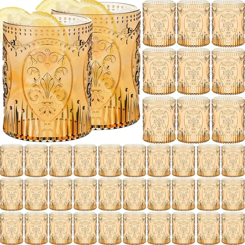 Miniatura 12 de Qinyoung 24 Vasos de Plástico Vintage para Beber de 8.5oz Copas de Vino Retro en Relieve Sin Pie Irrompibles Reutilizables para Baby Shower Negro