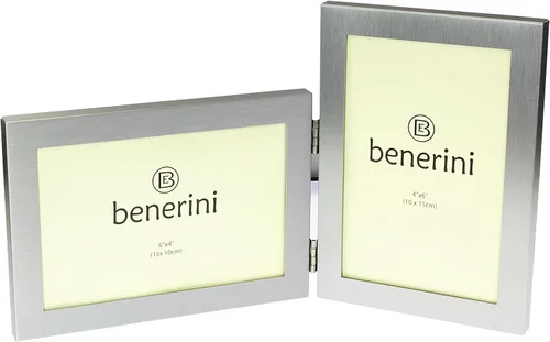 Miniatura 2 de benerini Marco de fotos plegable doble de aluminio cepillado de color plateado satinado para 2 fotos, incluye 2 fotografías estándar de 6 x 4