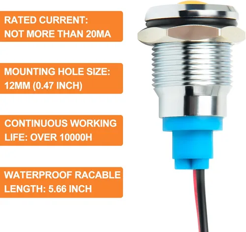 Miniatura 6 de GASHER Luz indicadora de ahorro de energía de 110V/24V/12V 20mA Tamaño del orificio de montaje 0.472 in (1/2 pulgada) Verde, Amarillo, Rojo, Azul