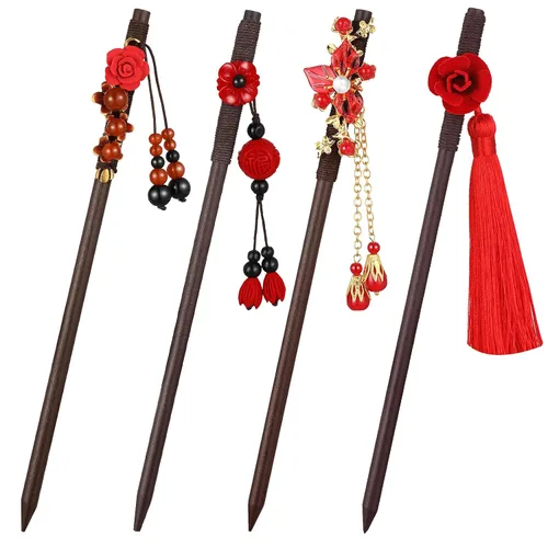 Waydress 4 piezas de accesorios asiáticos para mujer, palillos chinos japoneses para el cabello, pinzas de geisha retro, horquillas de madera de