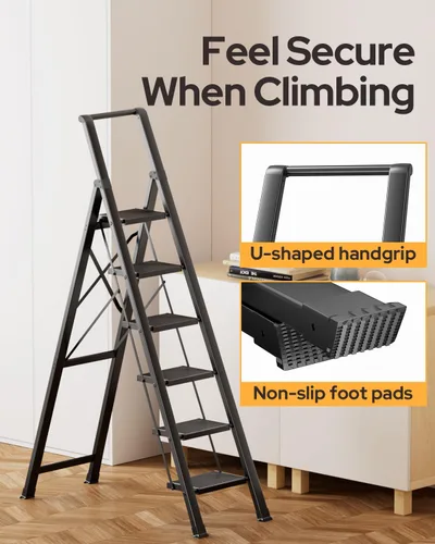 Miniatura 5 de Escalera de 6 escalones para techo de 12 pies de alto, taburete plegable de aluminio ligero con cómodo agarre, escaleras con pedal antideslizante