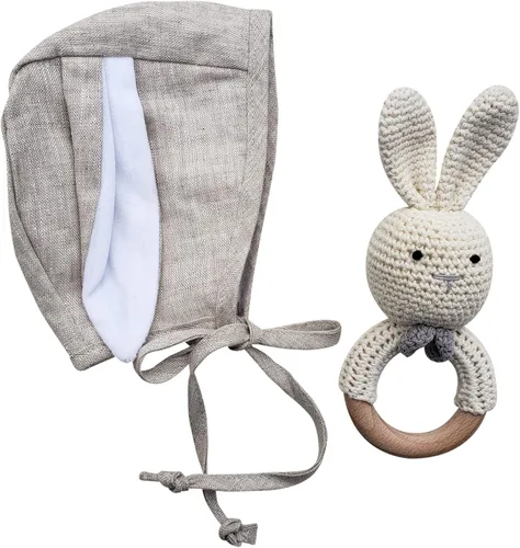 Miniatura 6 de Gorro de conejo para bebé, estilo vintage, algodón, lino, con orejas de conejo de terciopelo, sombrero de Pascua
