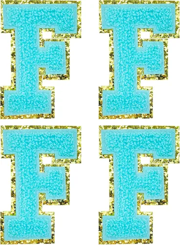 Jongdari Letras termo-adhesivas de felpilla para ropa, parches de letras del alfabeto con brillantina para coser, con adhesivo planchado, 4 Azul
