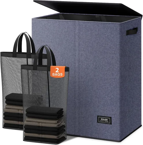 Miniatura 19 de SOLEDI Cesta de lavandería grande doble con tapa, cesta de ropa plegable de 2 secciones con bolsas extraíbles, cesta de lavandería que ahorra