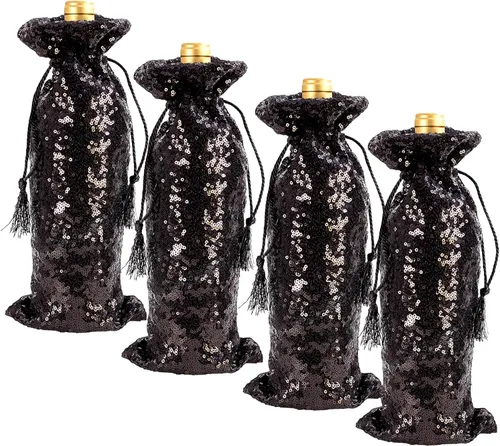 SquarePie Bolsa de regalo de vino de lentejuelas negras, 4 piezas con cordones de 5.5 x 14 pulgadas, fundas de botellas con purpurina para Navidad y