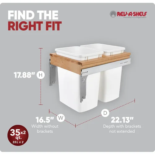 Miniatura 3 de Rev-A-Shelf Botes de basura de cocina de 35 cuartos de galón de montaje superior para colocar debajo del gabinete, toboganes de extensión completa