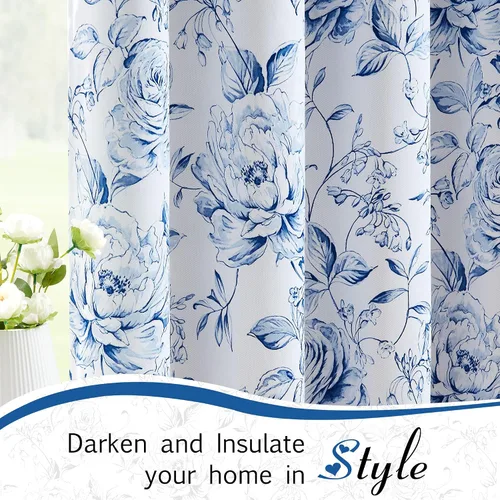 Miniatura 4 de Beauoop - Cortinas florales 100% blackout, de 84 pulgadas de largo, 2 paneles, para dormitorio, sala de estar, azul marino y blanco