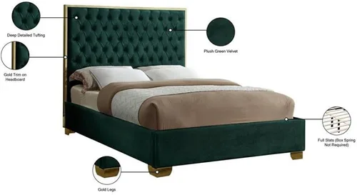 Miniatura 5 de Meridian Furniture Colección Lana Modern Cama tapizada de terciopelo contemporáneo con acolchado profundo detallado y patas doradas, tamaño Verde
