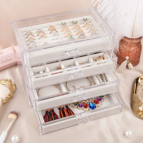 Miniatura 7 de Mebbay Joyero de acrílico con 4cajones, organizador de joyas de terciopelo