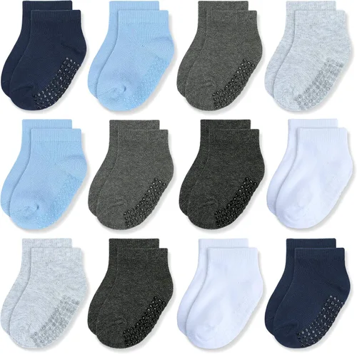 Miniatura 21 de JAKIDAR 12 pares de calcetines antideslizantes de algodón para niños y niñas, suela antideslizante para bebés y niños