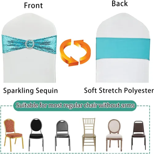 Miniatura 4 de Bandas para Sillas con Lentejuelas Elásticas Lazos de Spandex Poliéster para Fiestas Hotel Bodas Banquetes Decoración - 6 Piezas Aqua Sparkling